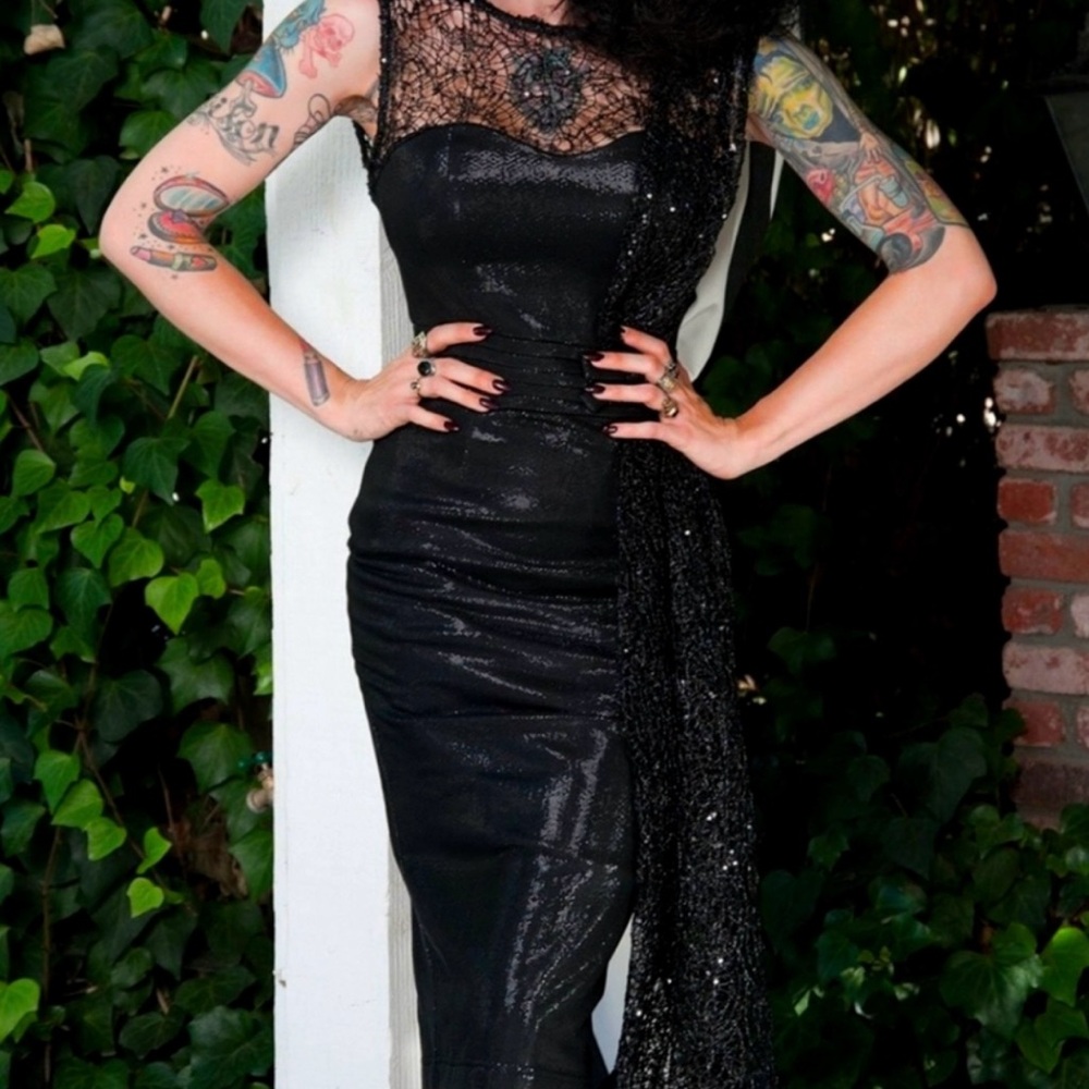 Tatyana Tempest Storm Web Black Wiggle Dress XS
